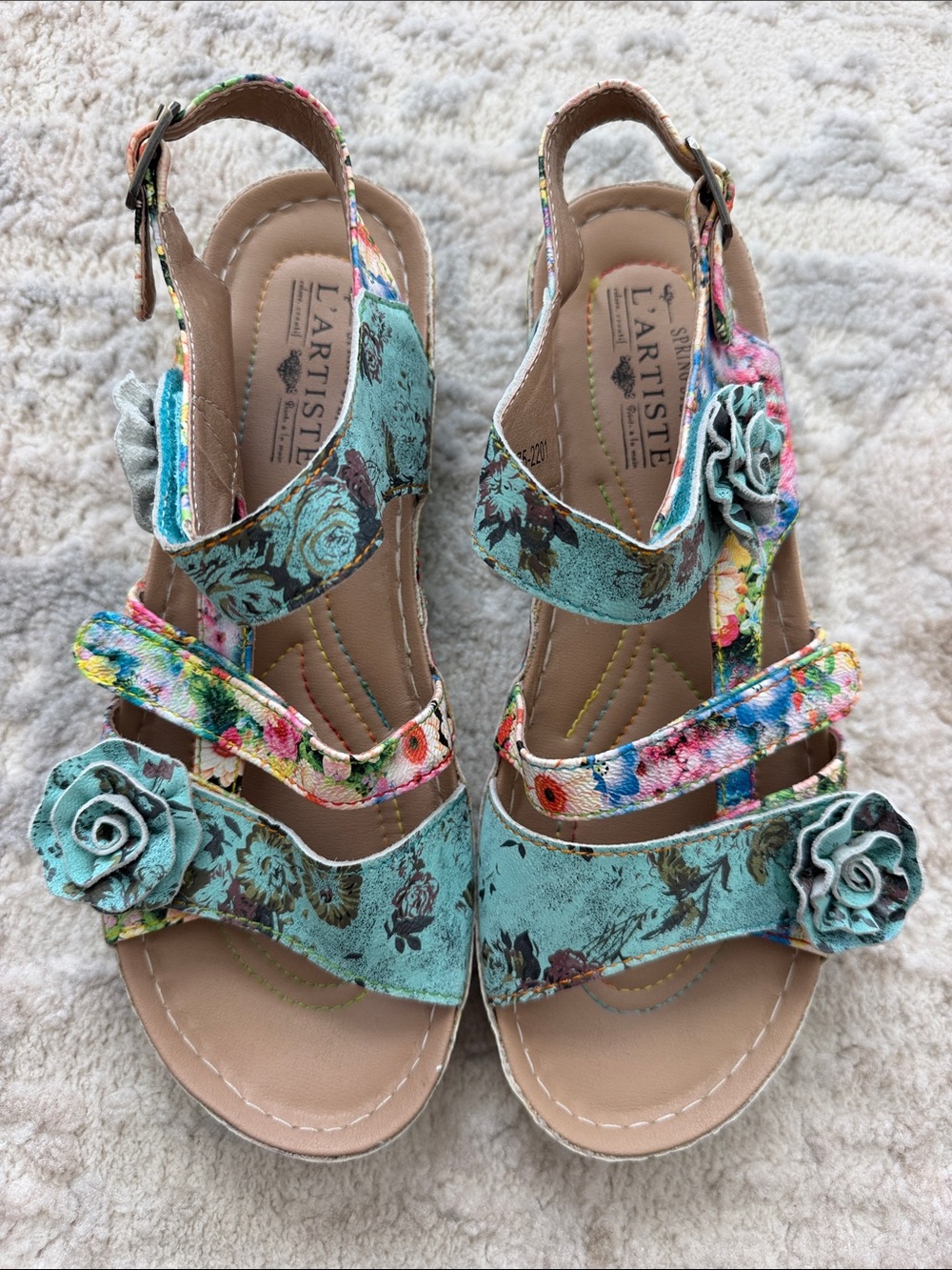 L'ATISTE Spring Step Turquoise Floral Strappy Sandals with Rose Appliqués